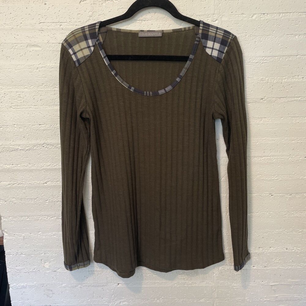 Cabincore Loveappella Women's Long Sleeve Ribbed Top Plaid Olive Sm